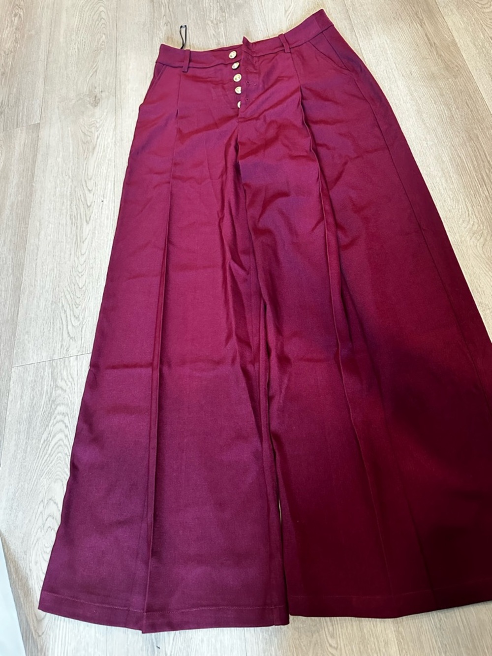 NWT Commense Burgundy Wide Leg Trousers High Rise Gold Button Pants M